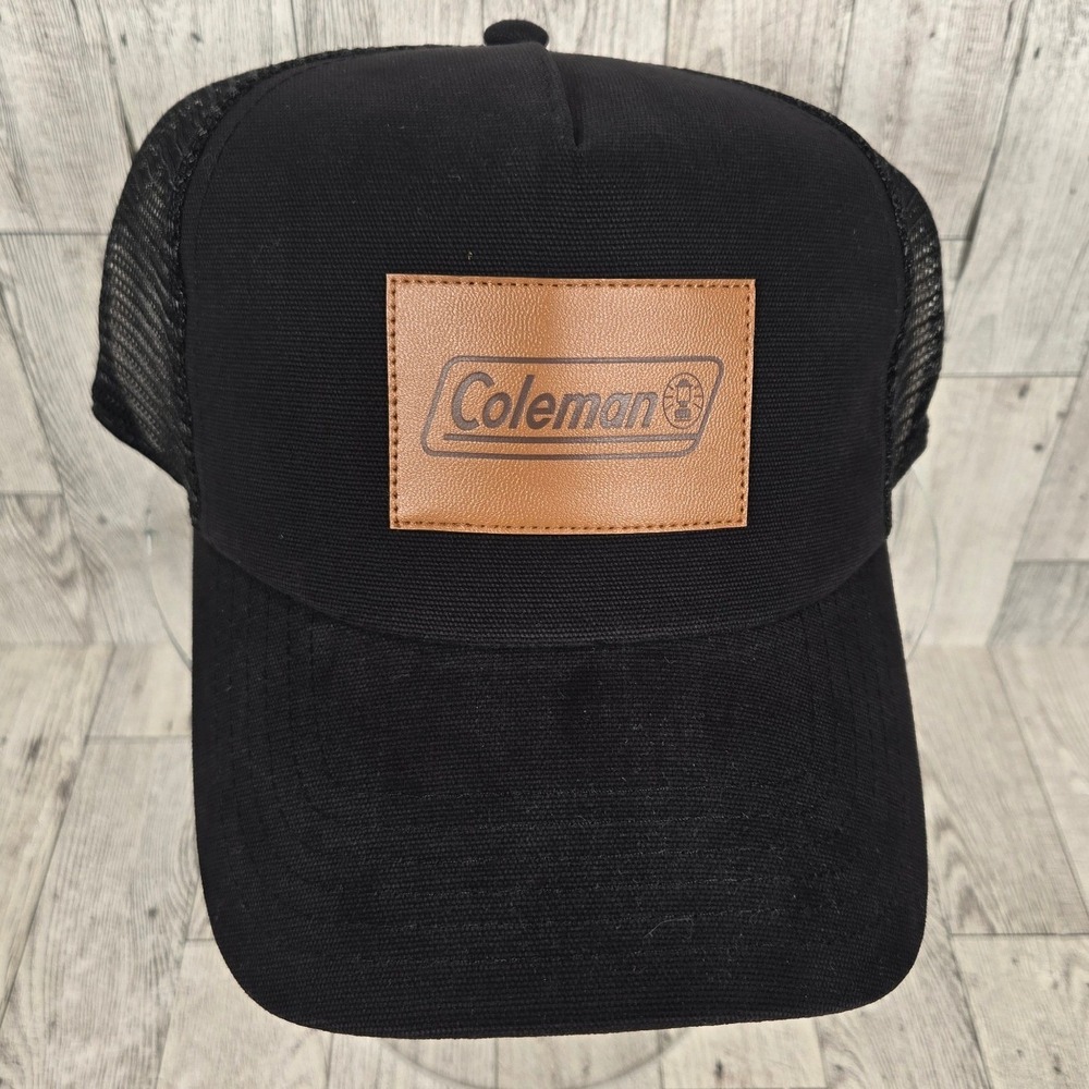 Coleman Mens Black Trucker Hat Mesh Snapback Cap Leather Logo Patch 100533
